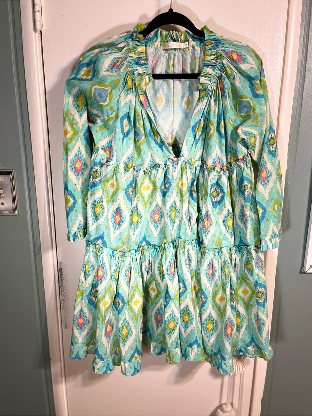 Aqua Ikat Tiered Long-Sleeve Mini Dress